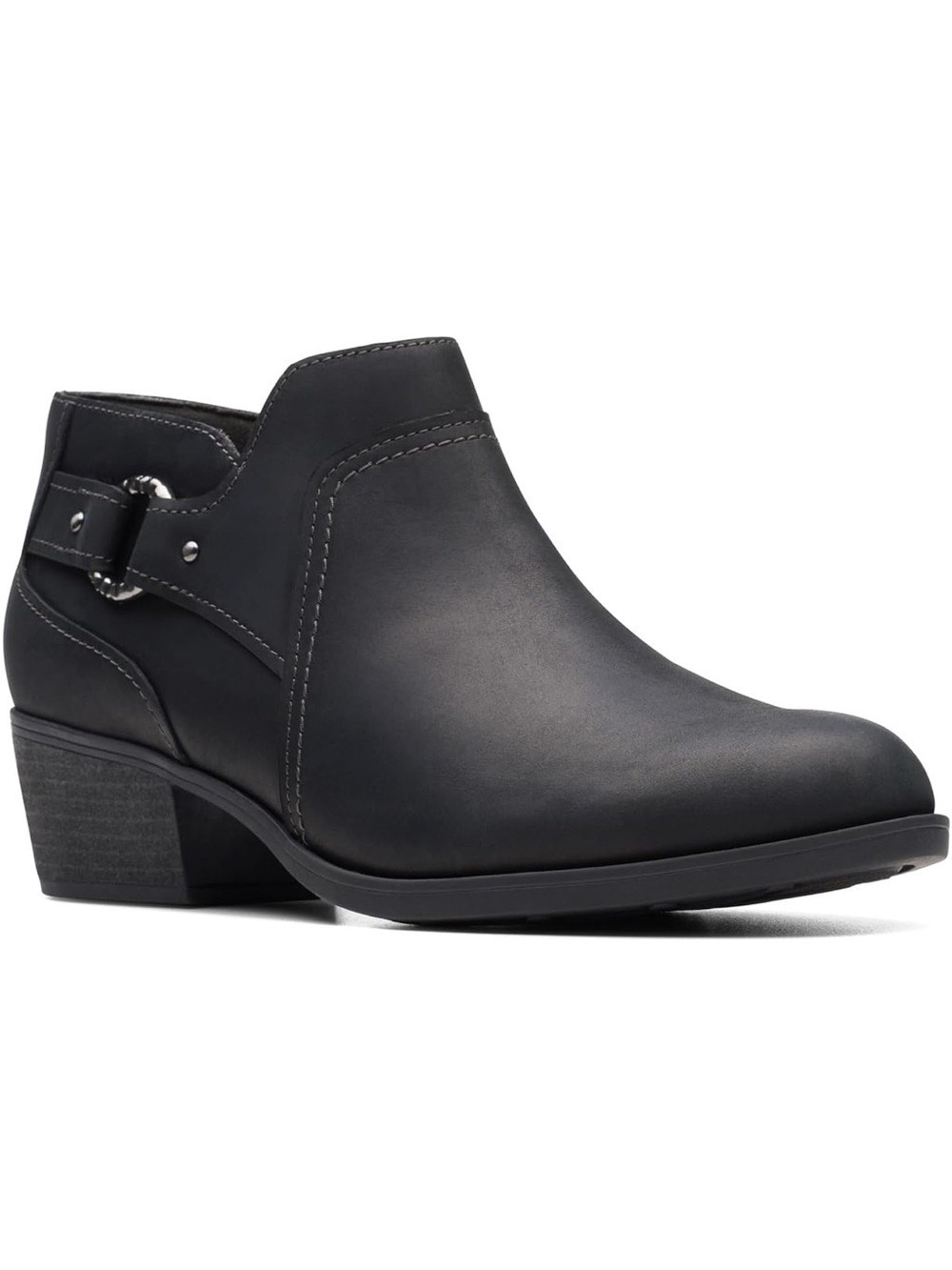Clarks Charlten Grace Black Oily Leather Ankle Bootie with Buckle Detail